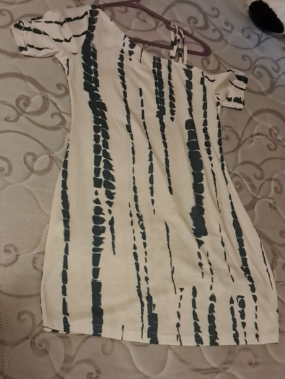 Off-Shoulder Tie-Dye Stripe Mini Dress in Cream and Dark Teal